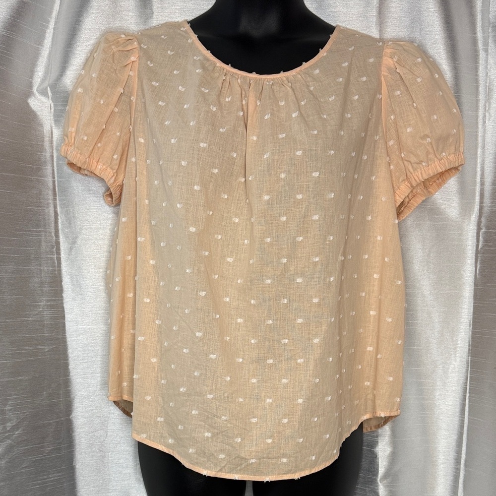 Falls Creek Peach Clip Dot Linen Blend Blouse Women’s 1X Melon Short Sleeve